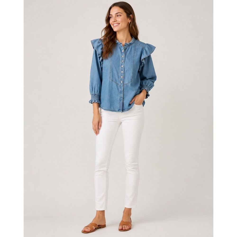Free People Louise Button Front Shirt Womens Small Blue Chambray Ruffle BOHO